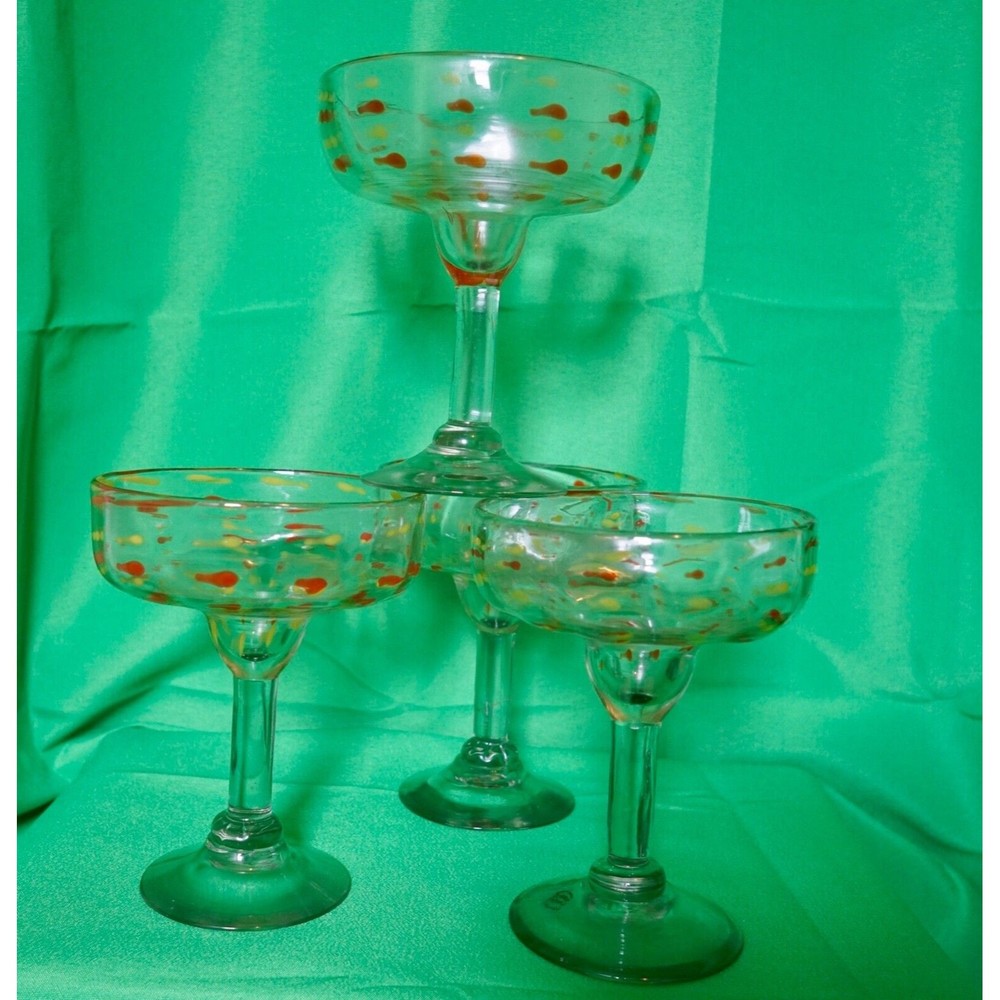 4 Mexican Hand Blown Confetti Margarita Glasses Set Bar Ware Drinking Party Fun